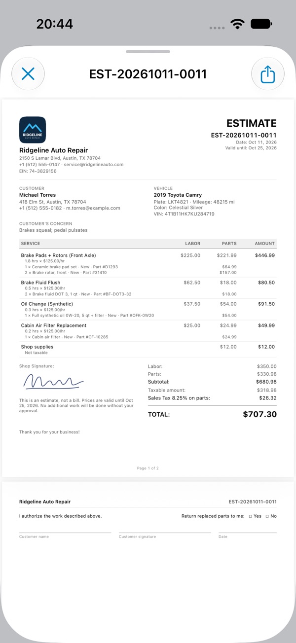 AutoEstimate PDF estimate
