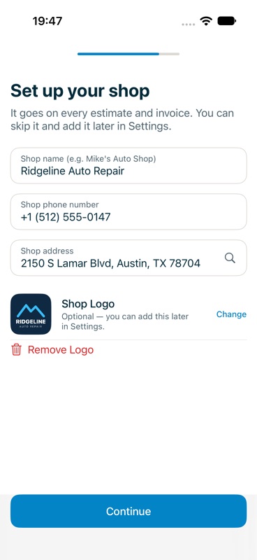 Set up your shop screen with shop name, phone and logo