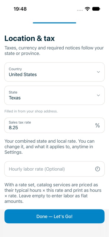 Location and tax screen with country, state or province and tax rate