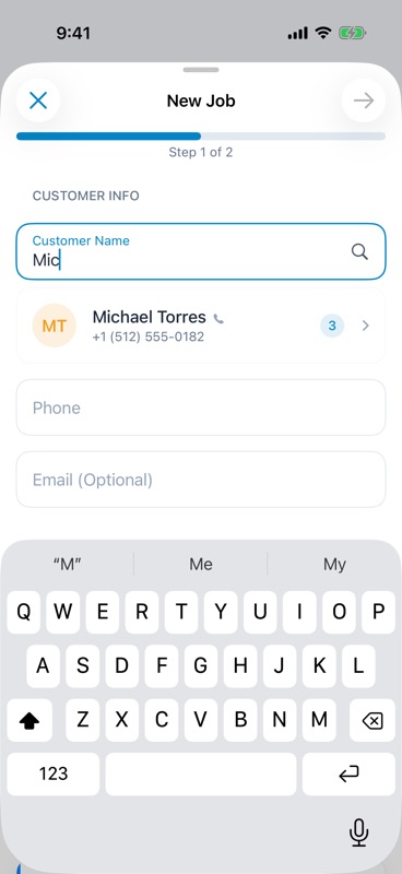 New Job customer step with an existing customer suggestion