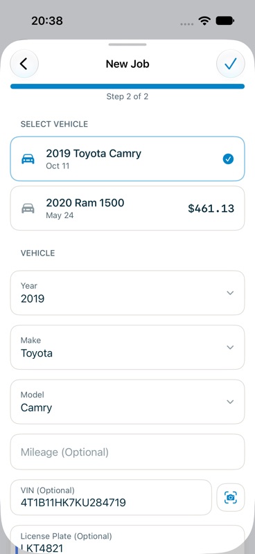 New Job vehicle step with year, make, model, mileage and VIN