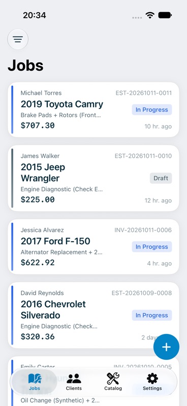 Jobs tab with job cards showing customer, vehicle, total and status