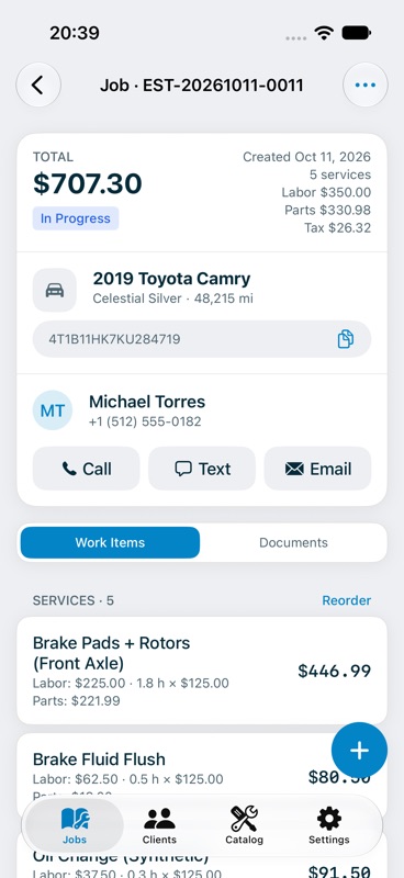 Job screen with header card and the Work Items tab listing services