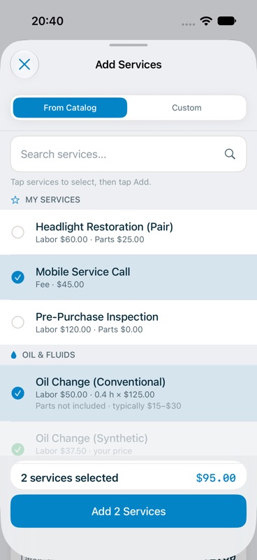 Add Services sheet with catalog categories and selected services