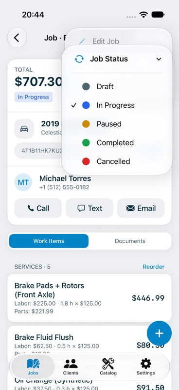 Job menu open on Job Status with Draft, In Progress, Paused, Completed and Cancelled