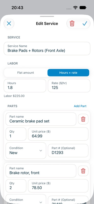 Edit Service sheet with hours times rate labor and itemized parts