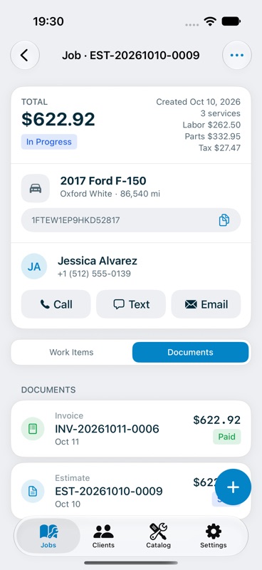 Documents tab inside a job listing an invoice and an estimate