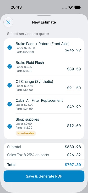 New Estimate sheet with selected services, taxes, total and validity