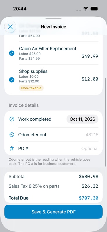 New Invoice sheet with completion date, odometer out and PO number