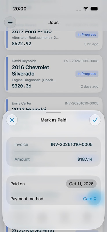 Mark as Paid sheet with payment date and payment method