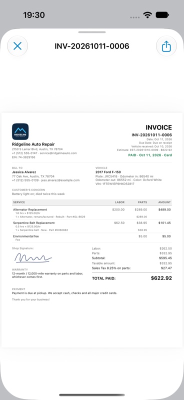 Invoice PDF with a PAID stamp