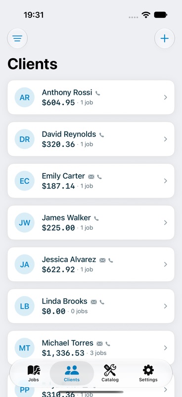 Clients tab with an alphabetical list of customers