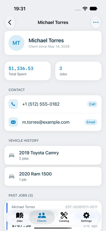 Client detail with total spent, contact buttons, vehicle history and past jobs