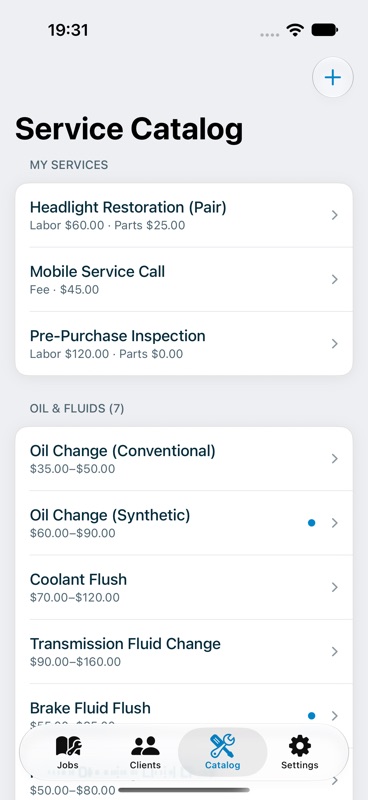 Catalog tab with My Services above the built-in services by category