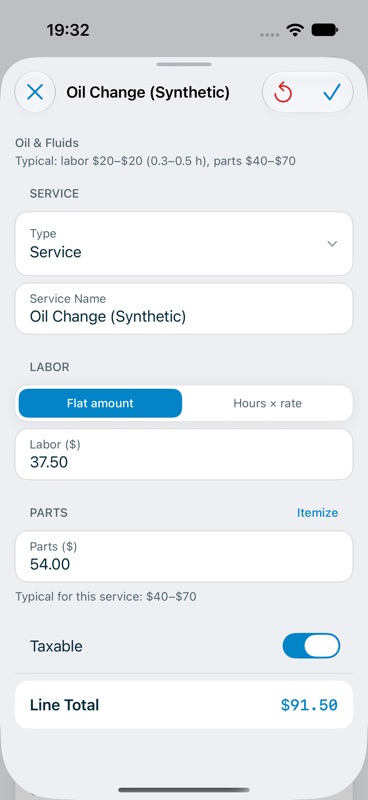 A catalog service open in the Edit Service form with the shop's own price