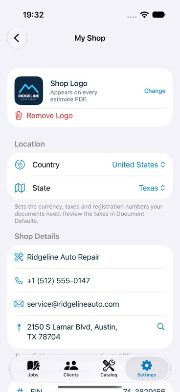 My Shop settings with location, shop details and registration numbers