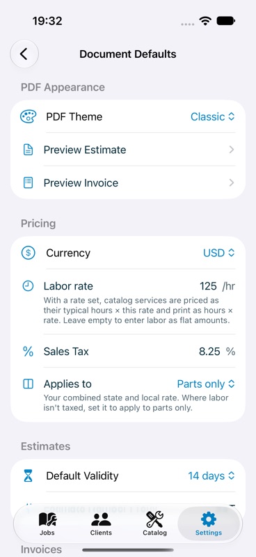 Document Defaults settings with labor rate and taxes