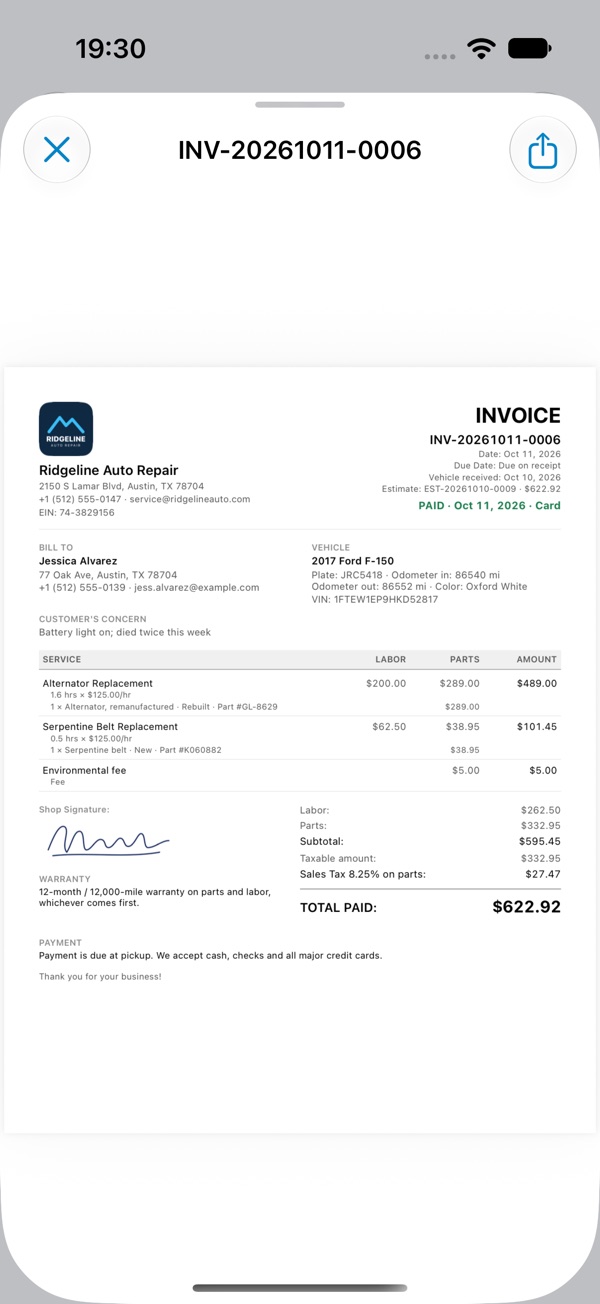 Paid invoice with a PAID stamp