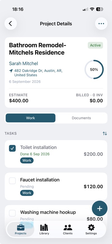 Job detail screen showing the Work tab with tasks, checkboxes, and progress ring