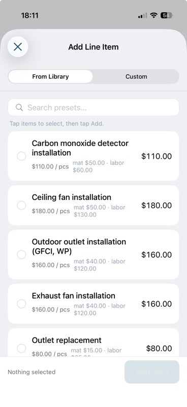 Add Line Item sheet, From Library tab, with searchable presets