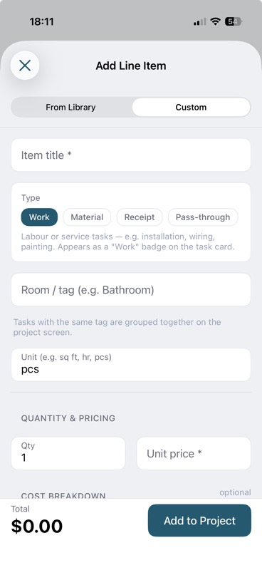 Add Line Item sheet, Custom tab, with type, room/tag, and pricing fields