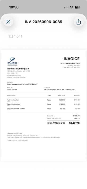 Generated PDF invoice with business header, line items, tax, and total due
