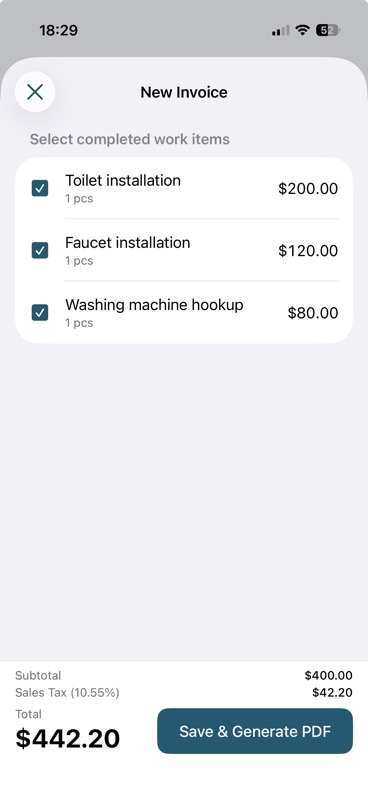 Selecting completed work items for an invoice, with subtotal, sales tax, and total