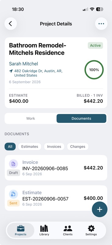 Documents tab inside a job with type filter chips, showing an invoice and an estimate