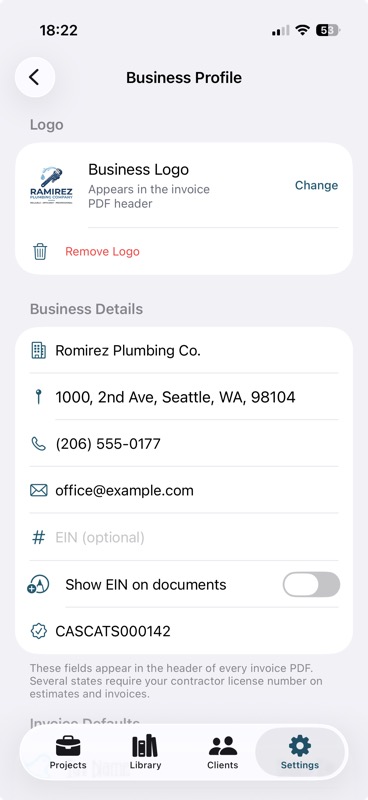 Business Profile settings screen with Show EIN on documents toggle