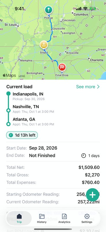 Active trip dashboard with route map, delivery countdown, and trip totals