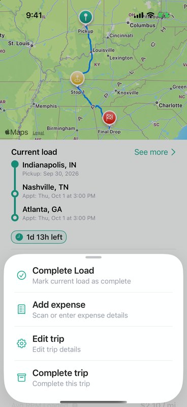 Trip menu with Add load, Add expense, Edit trip, and Complete trip