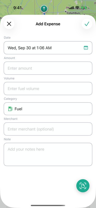 Add Expense form for a fuel purchase with amount, gallons, and merchant