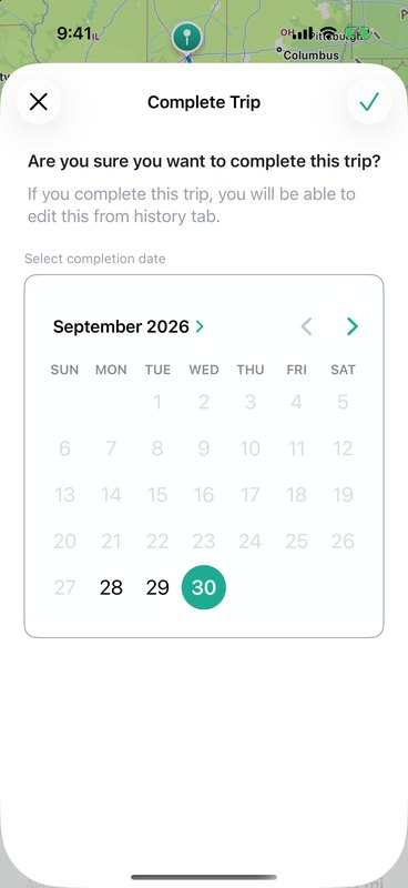 Complete Trip screen with completion date picker