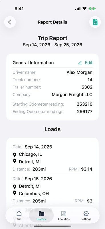 Report Details screen with general information, loads, fuel, and maintenance